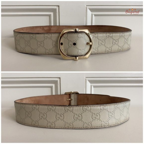 Authentic Gucci Cream GG Embossed Signature Leather Gold Pin Buckle Belt 85/34 - Picture 6 of 14